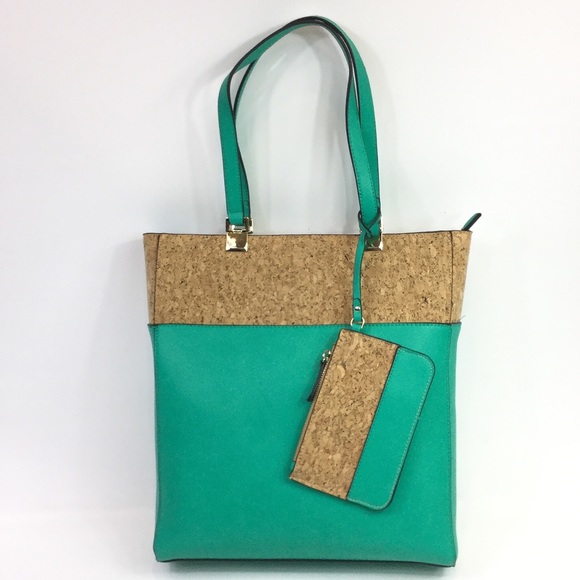 Handbags - Tote Bag Vegan Leather Cork Border Zippered Closur